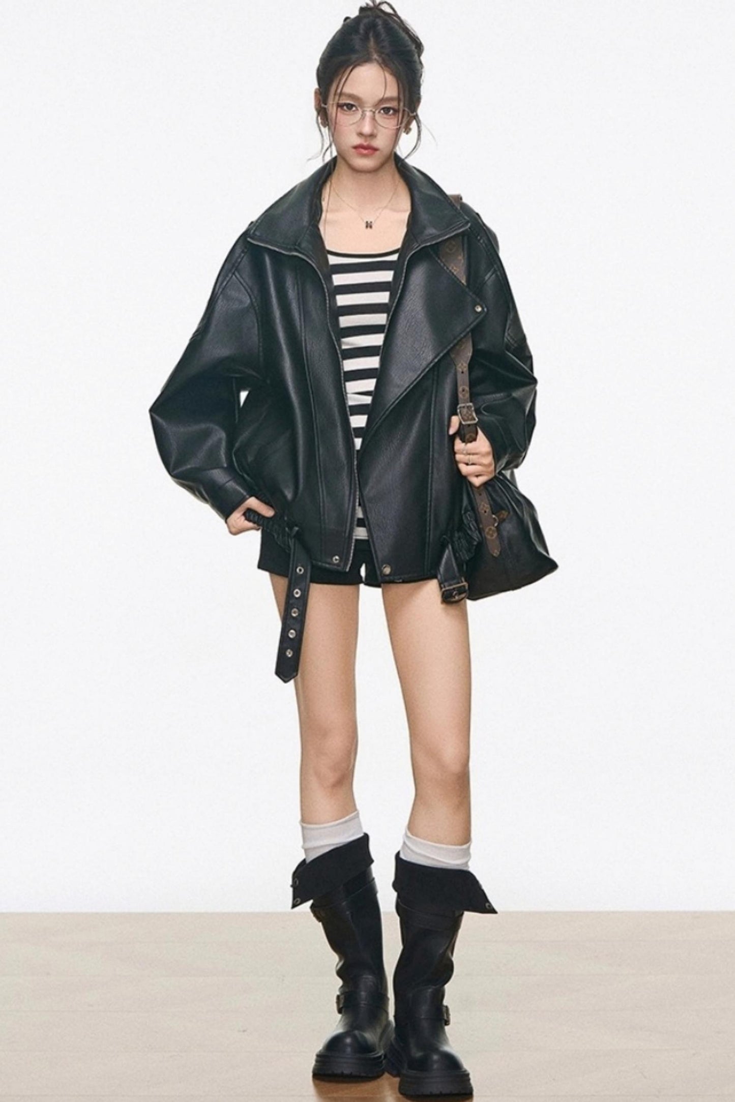 High-End Leather Jacket With Shorts Set-Up