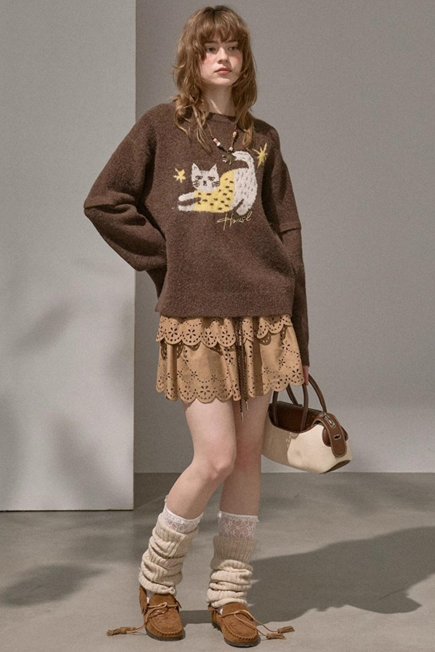 Cute Kitten Crew Neck Knit Sweater