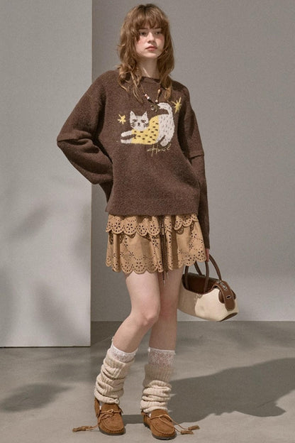 Cute Kitten Crew Neck Knit Sweater