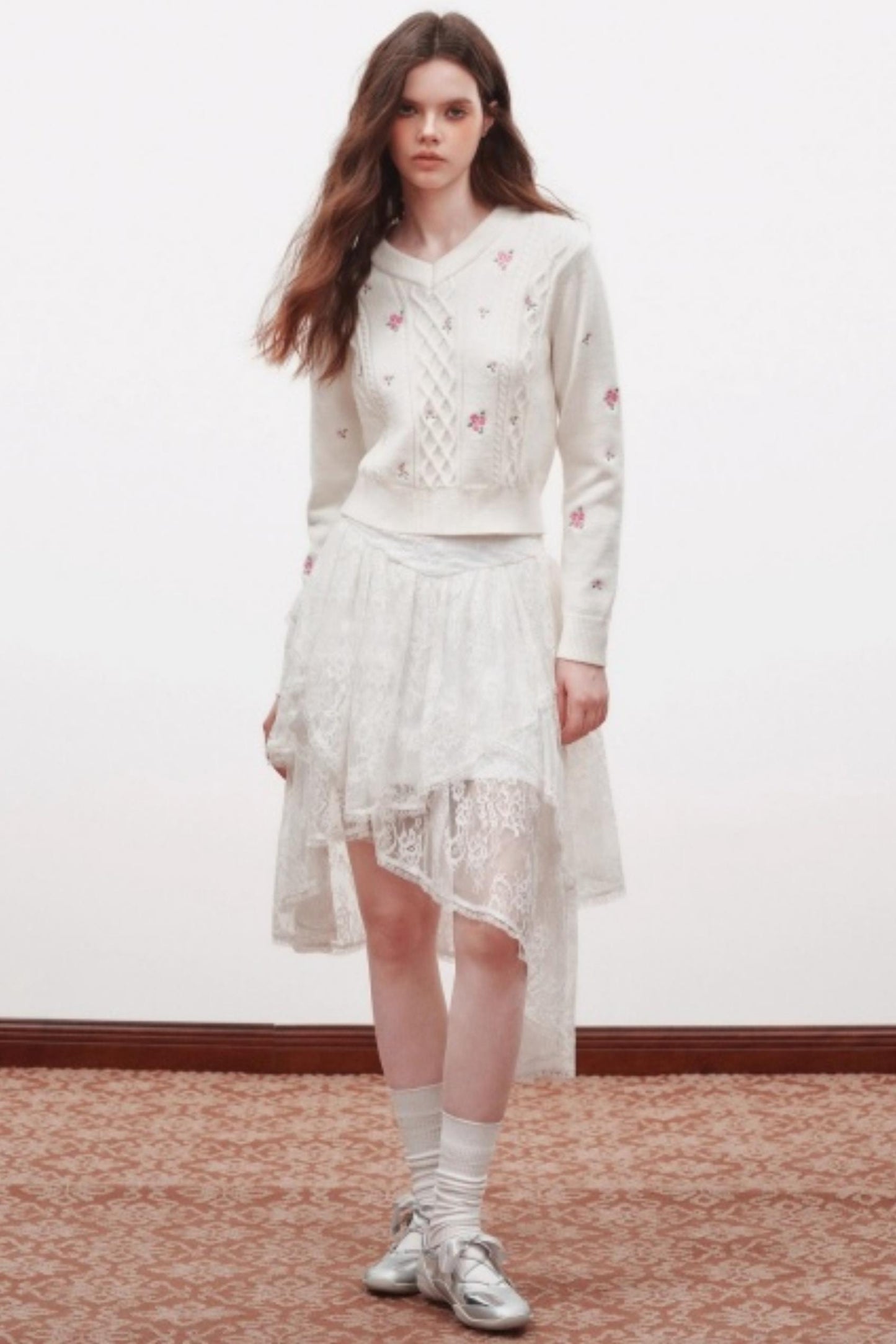 Embroidered V-Neck Knit Sweater