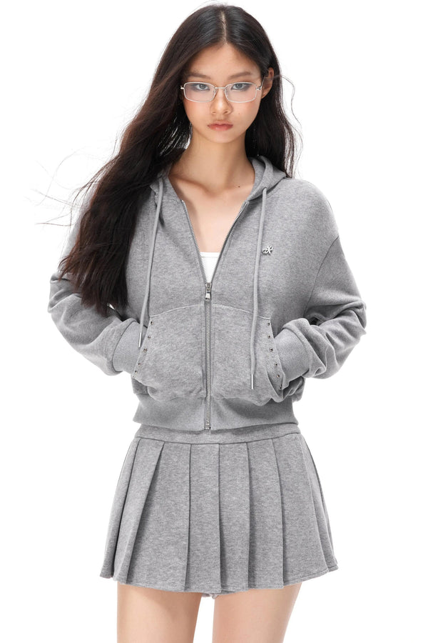 Pocket Studded Hooded Cardigan Set-Up