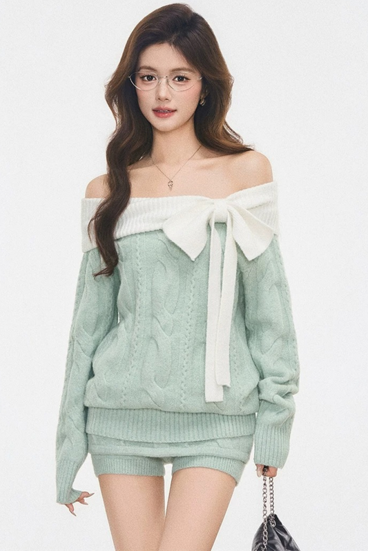 Lace-Up Off-Shoulder Knitted Sweater Set-Up
