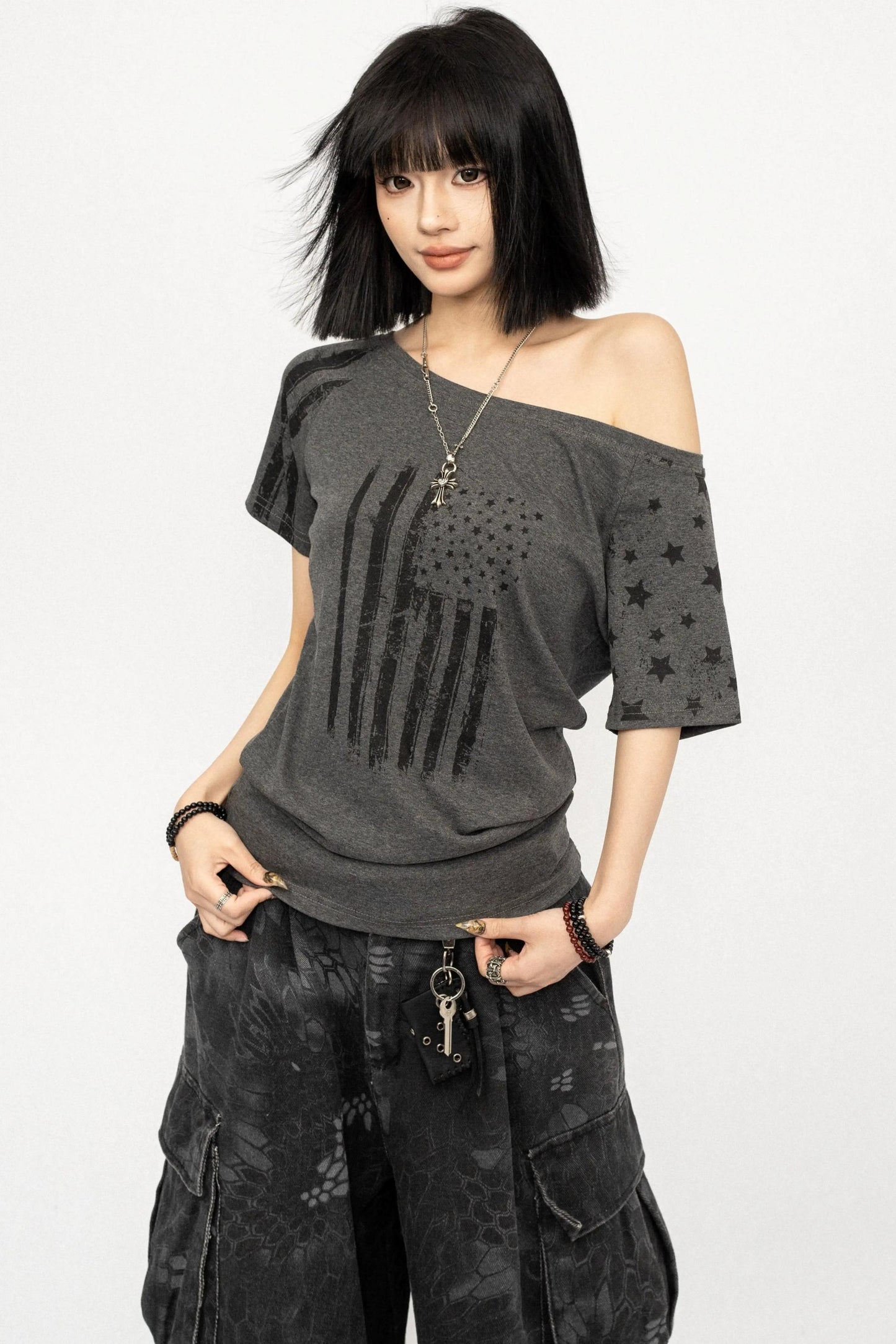 Retro Printed One-Shoulder Top