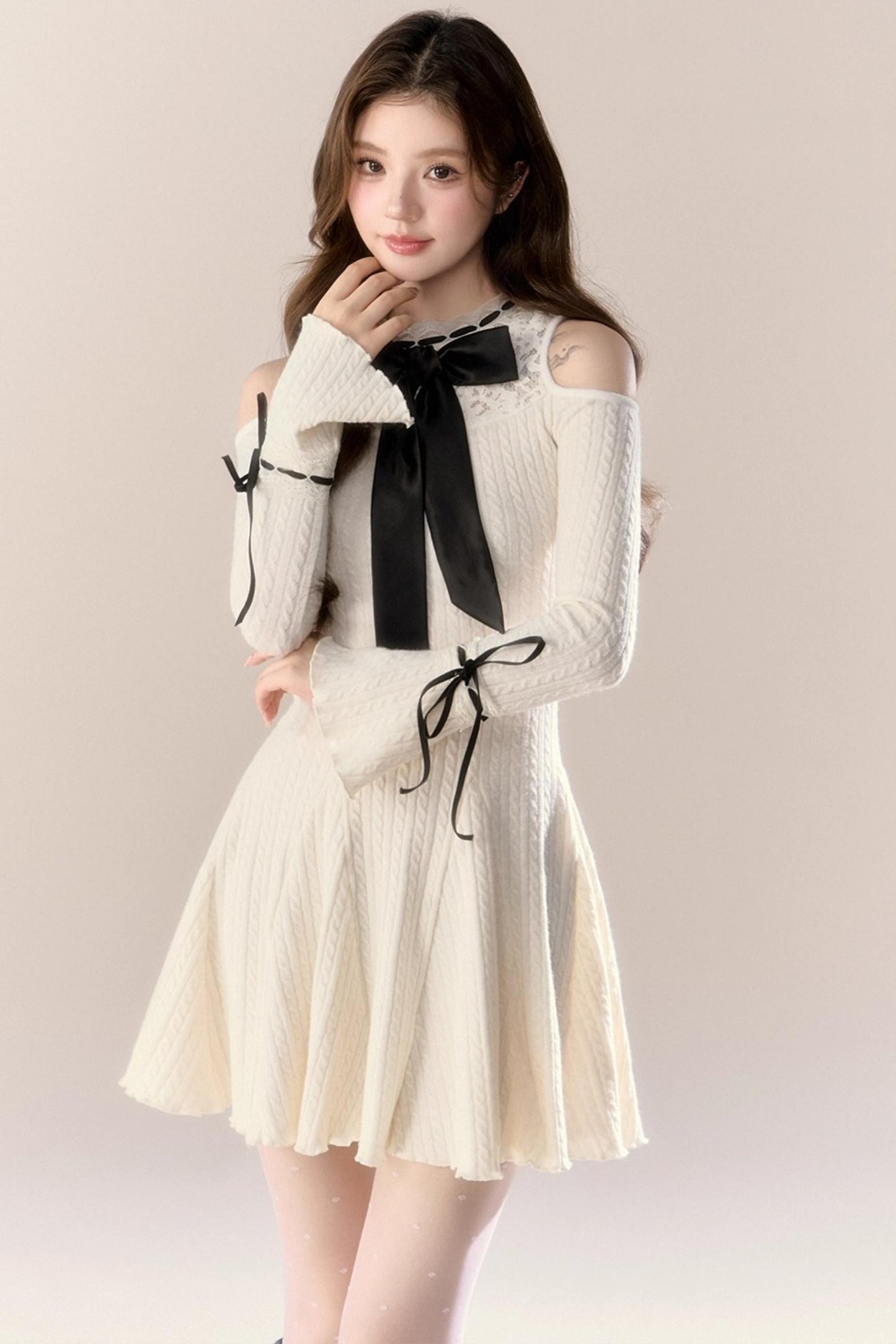 French Knitted Long-Sleeved Dress