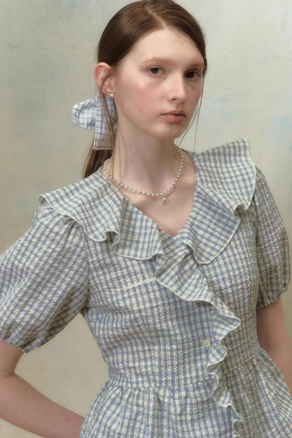 Plaid Ruffle Sleeve Blouse