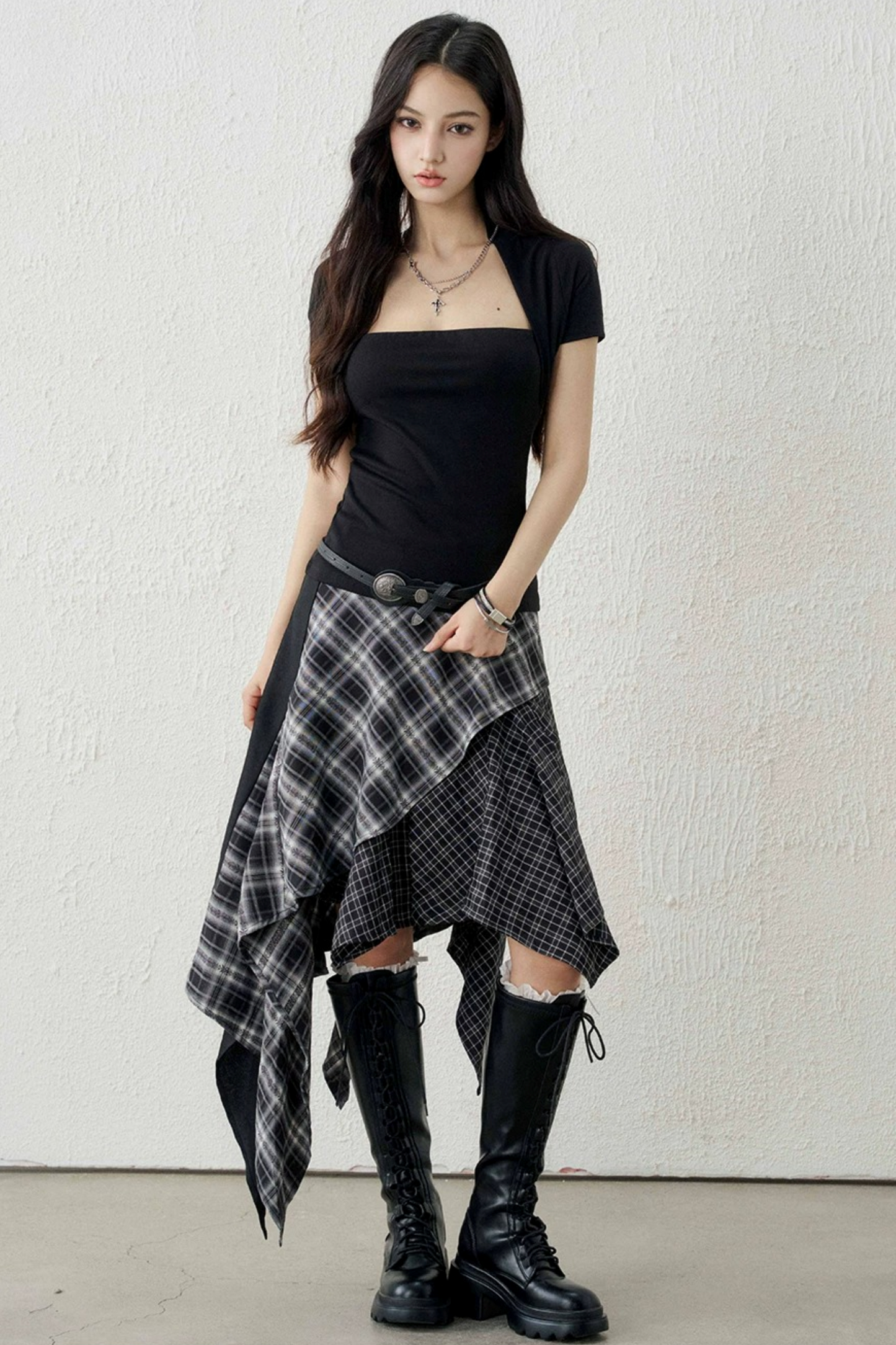 Irregular Hem Plaid Skirt Set