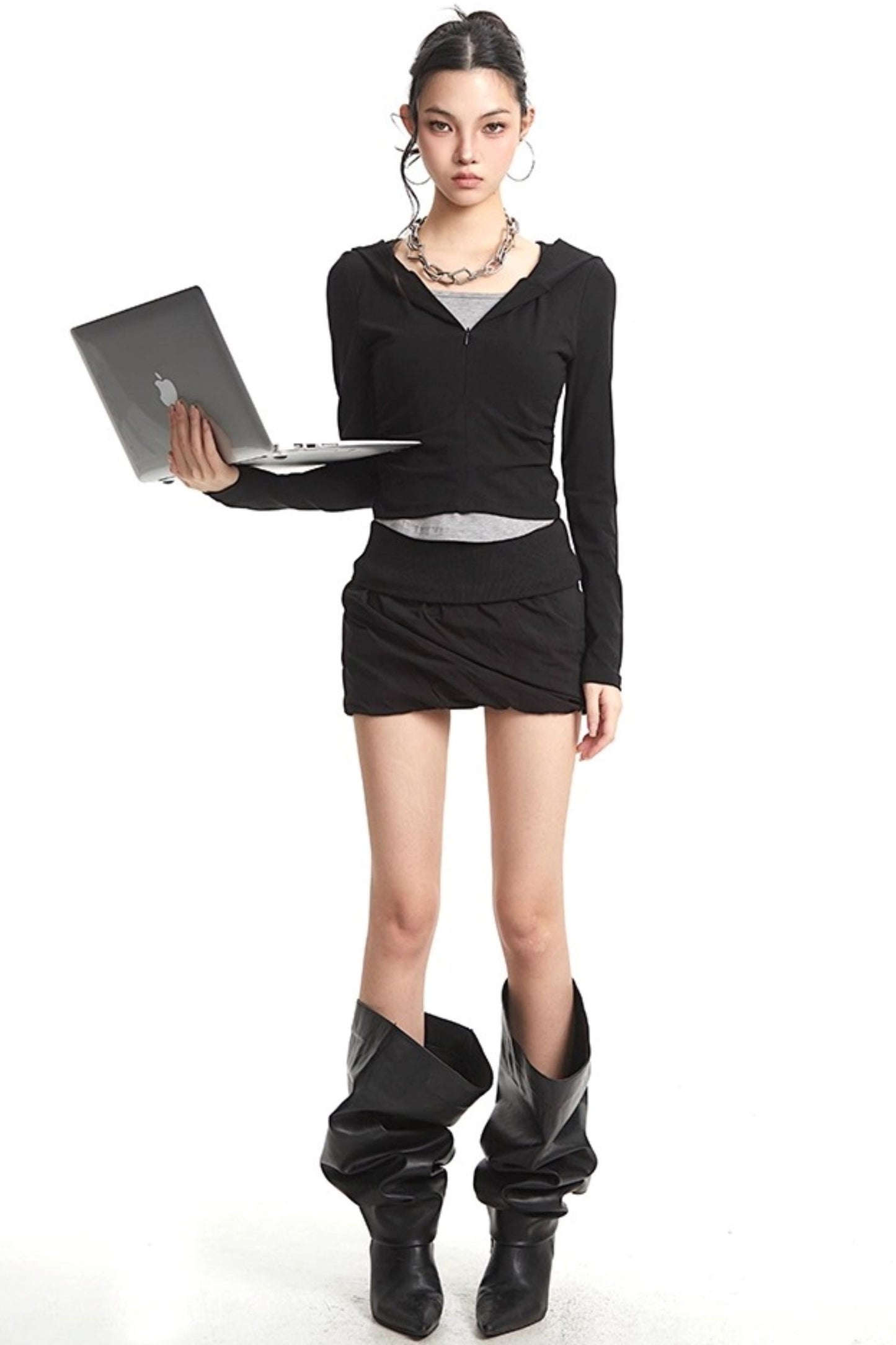 Black Hooded Long Sleeve T-Shirt