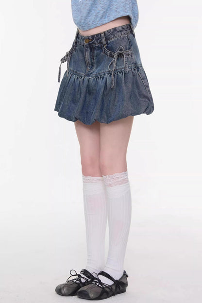 Sweet Bubble Bowknot Denim Skirt