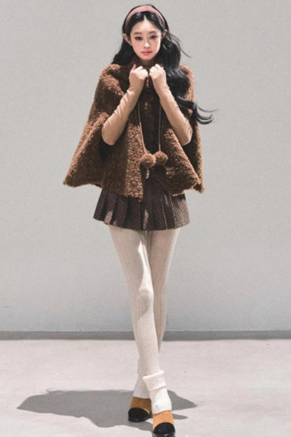 Korean-Style Lamb Wool Cape Coat