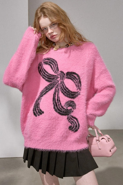 Striped Bow Faux Mink Sweater