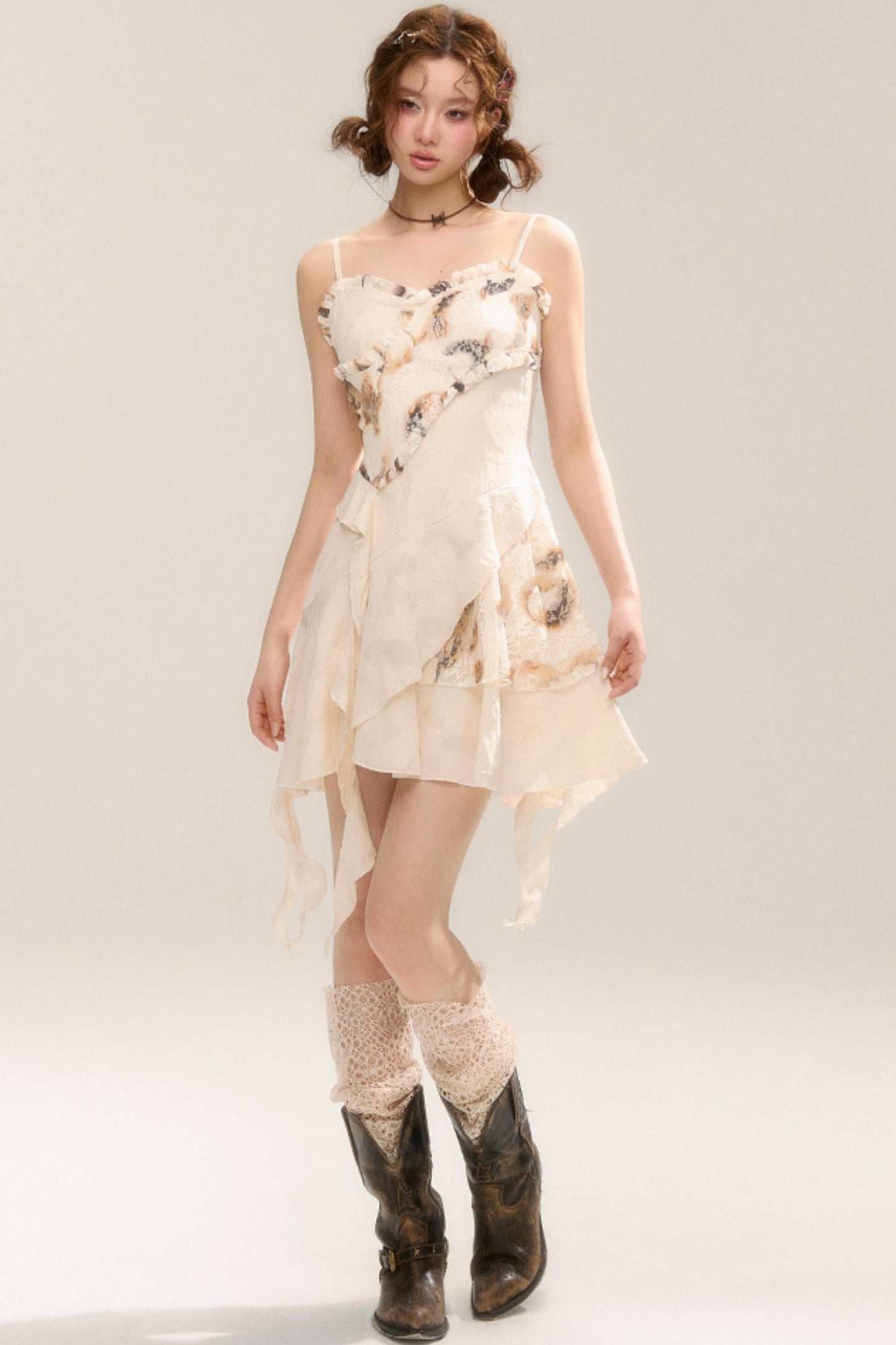 Beige Apricot Irregular Lace Dress