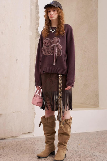 Kiss Bear Print Long Sleeve Sweater