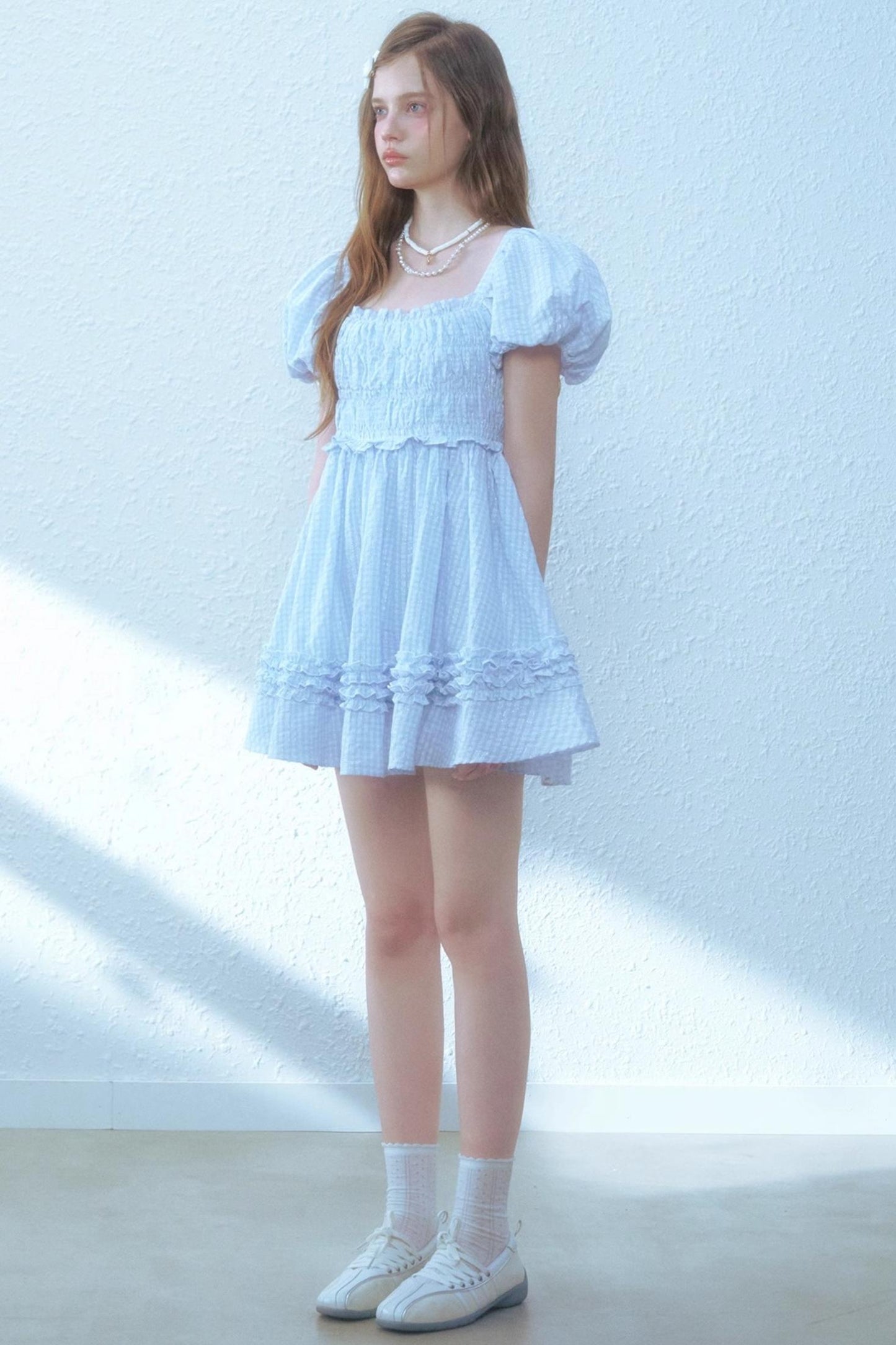 Blue Plaid Bubble Sleeves Dress