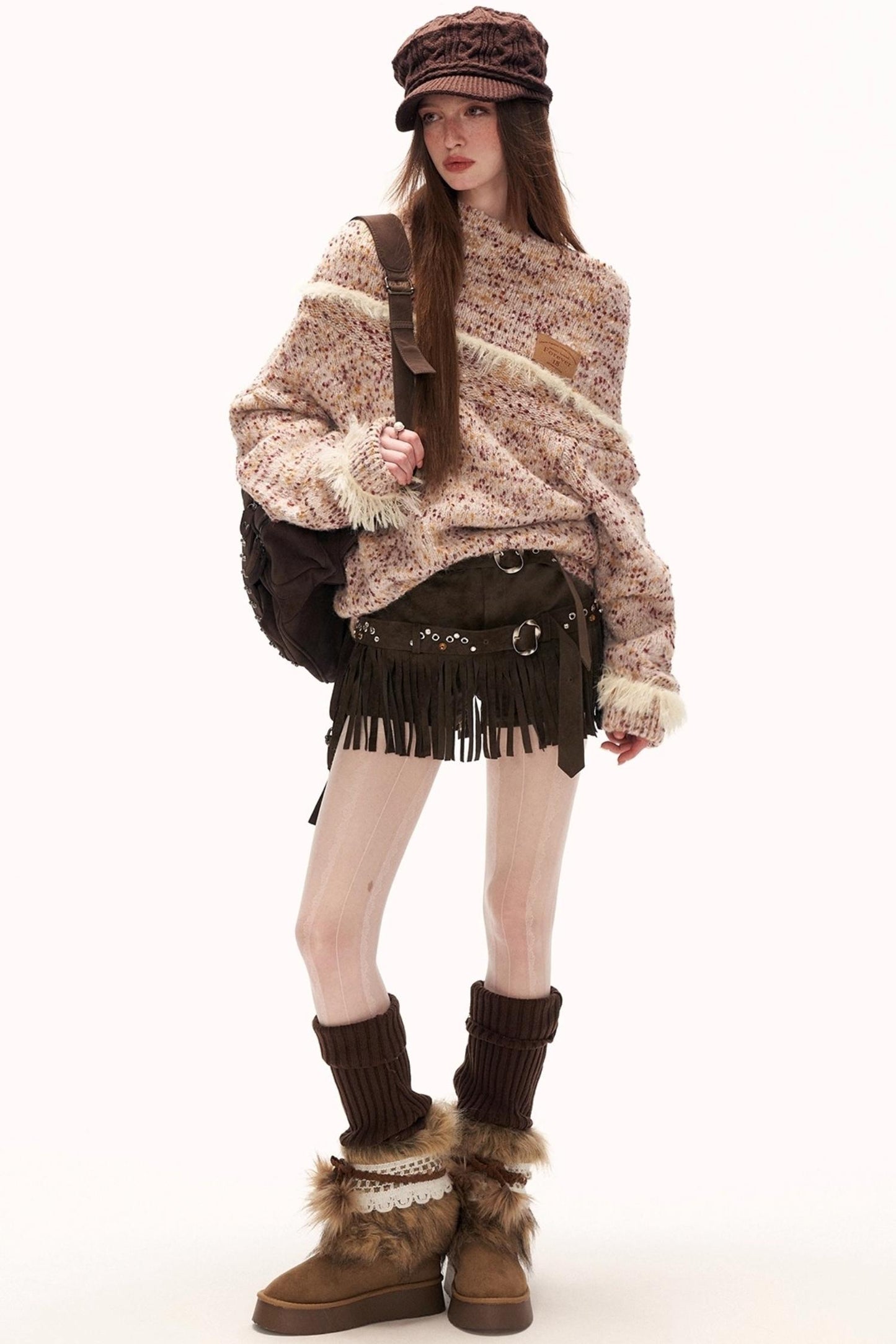 Mixed Yarn Slanted Shoulder Sweater