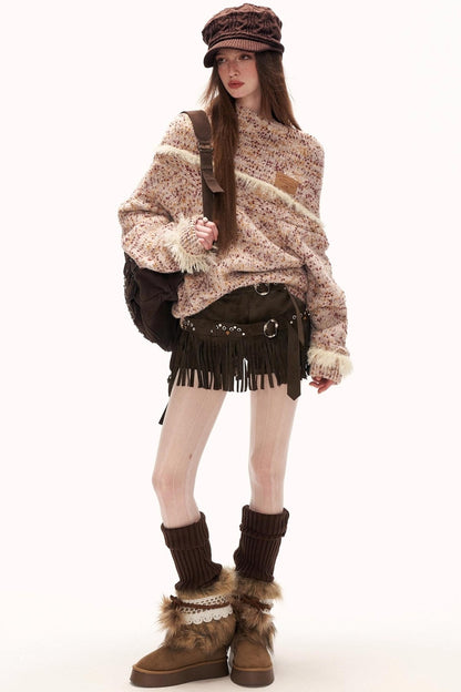 Mixed Yarn Slanted Shoulder Sweater