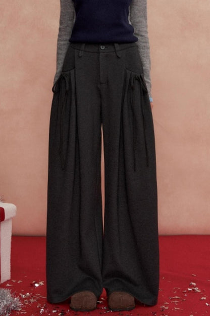 Pleated Bow Woolen Pants