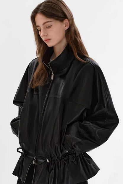Black Leather Drawstring Jacket