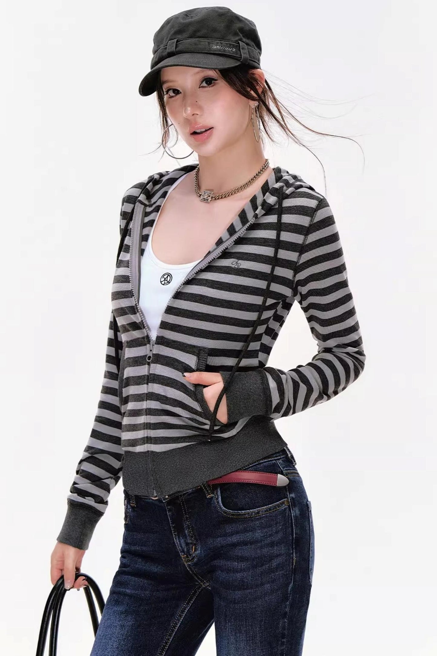 Contrasting Striped Vintage Hooded Cardigan