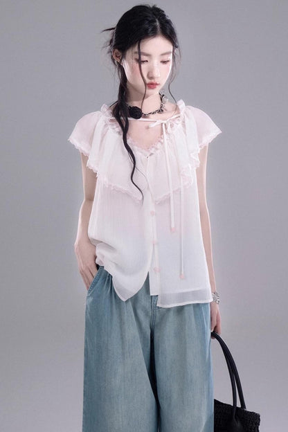 Sea Lace V-Neck Chiffon Top