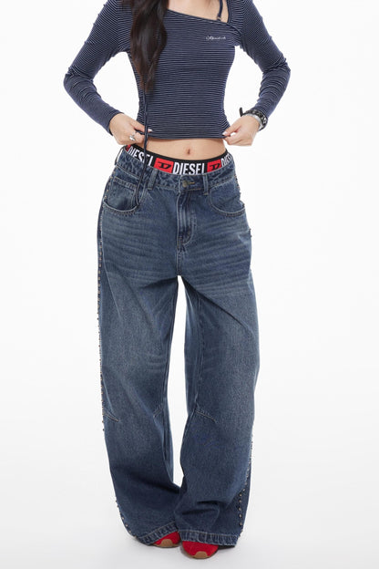 Vintage Blue Beaded Wide-Leg Jeans