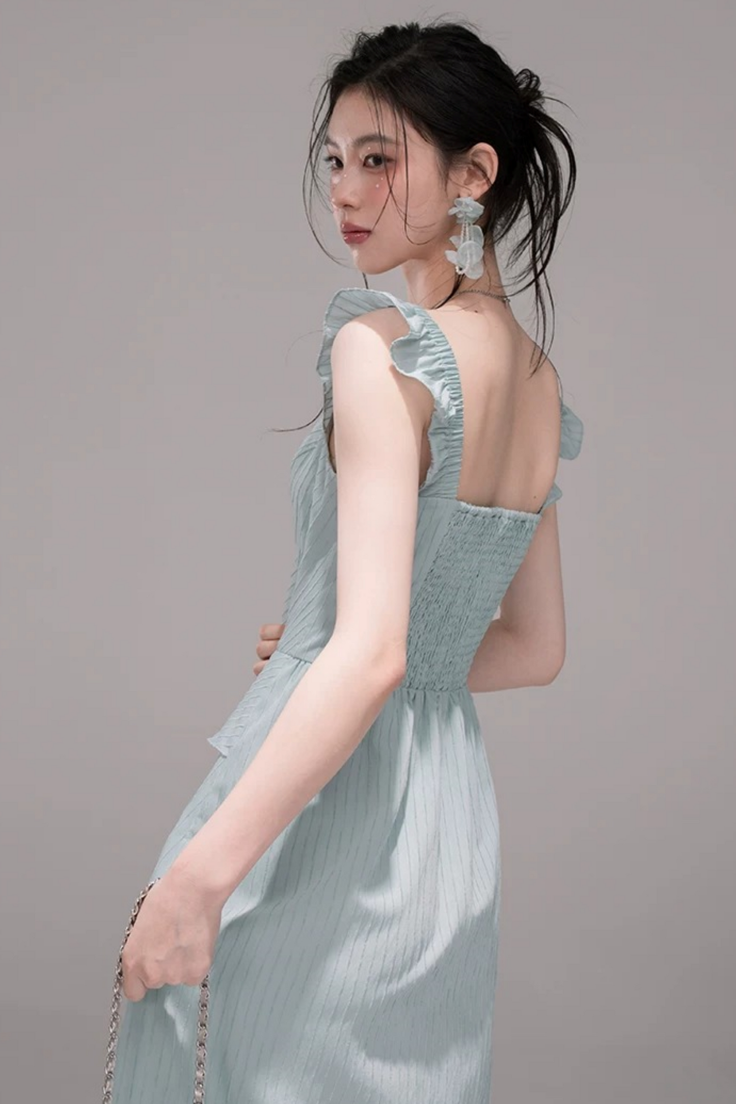 Conjunto de vestido de cinta transparente verde azulado claro