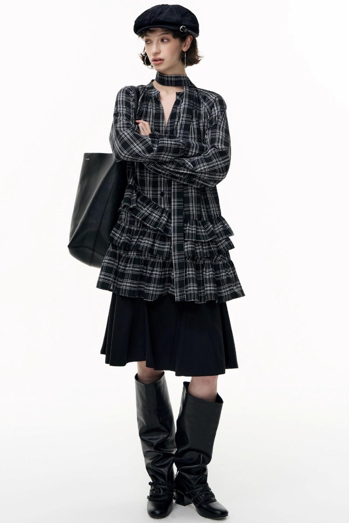 Plaid Ruffle Long Sleeve Shirt Dress