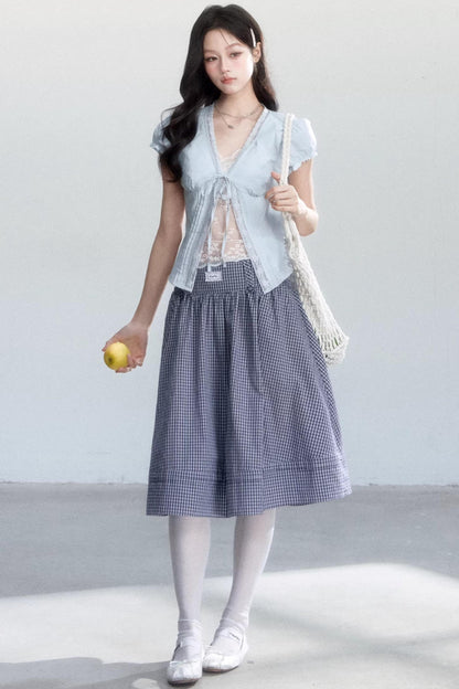 Lace-Up Top and Plaid Skirt Set-Up