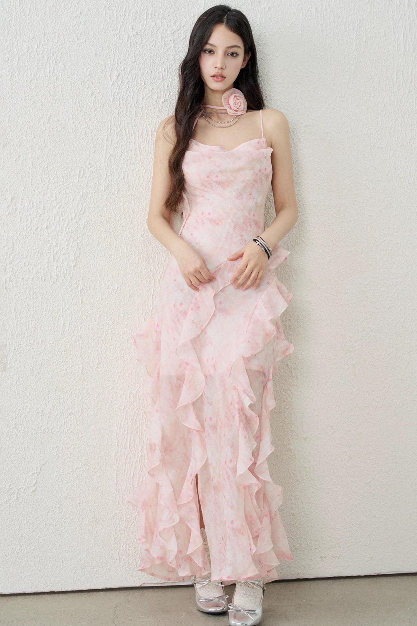 Pink Ruffled Spaghetti Dress Set