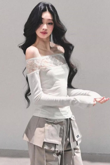 Lace Polka Dot One-Shoulder Top