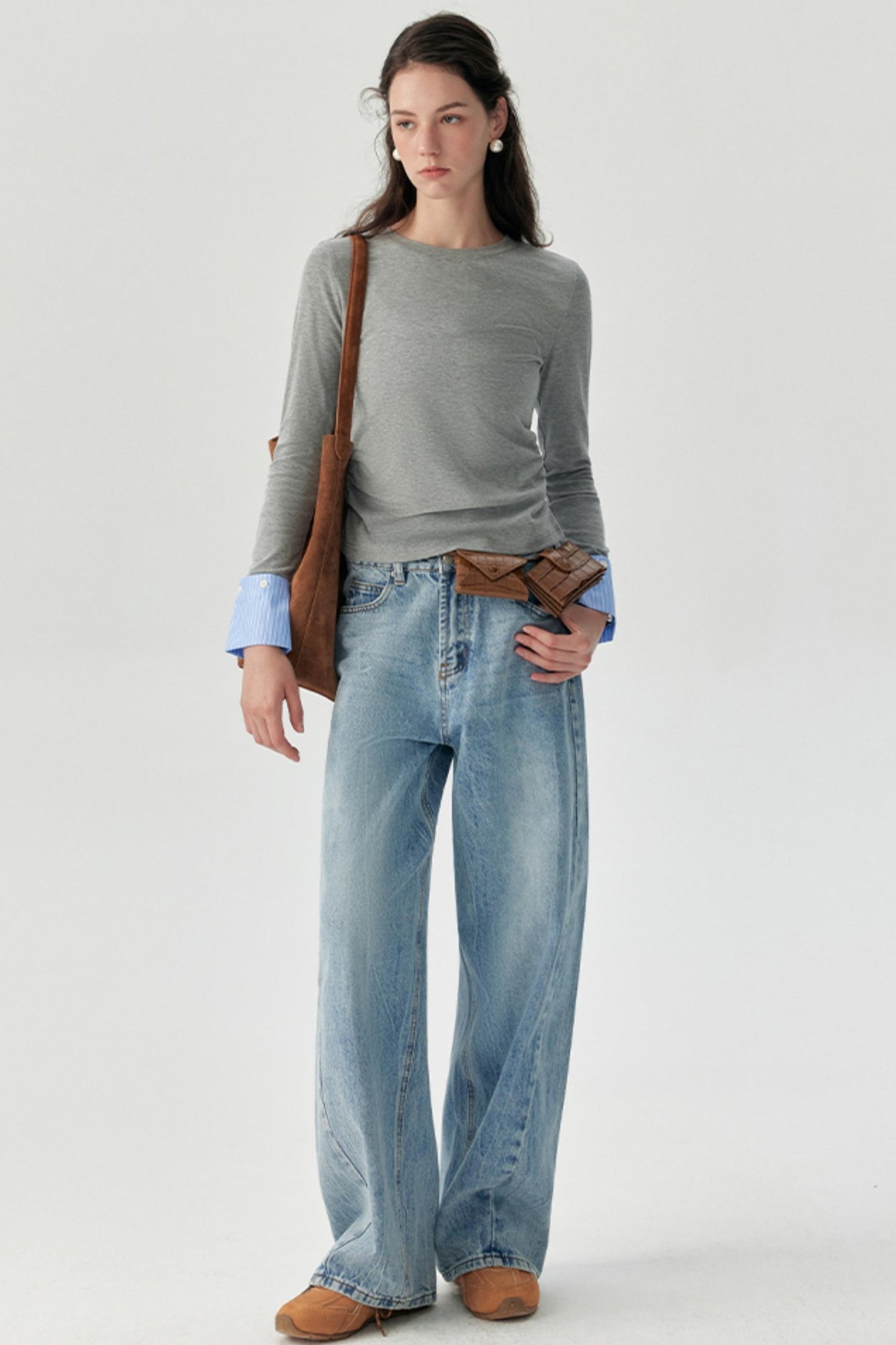 Gray Crew Neck Long Sleeve Top