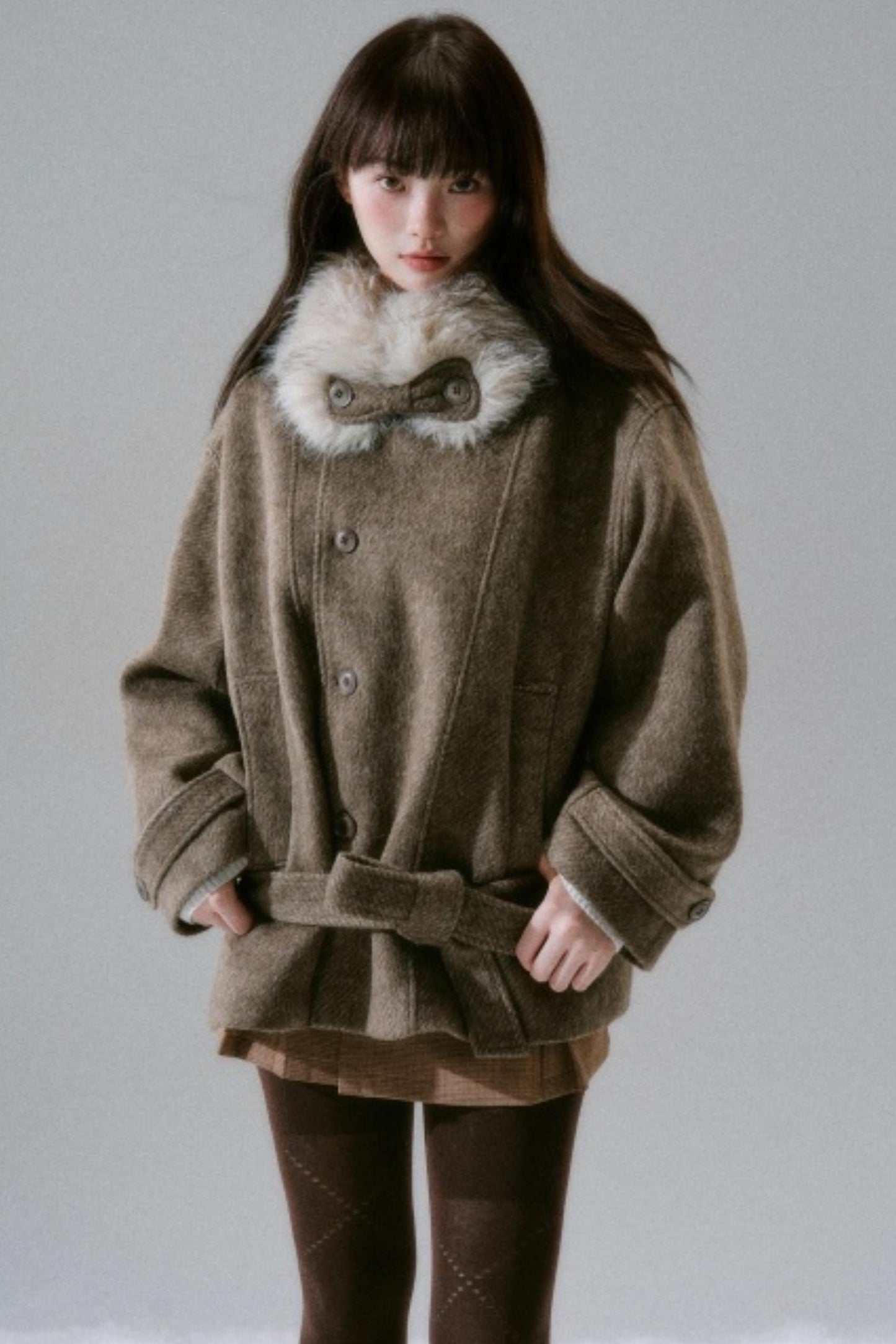 Bow Fur Collar Wool Coat