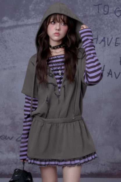 Purple Spirit Fake Two Hooded Dress