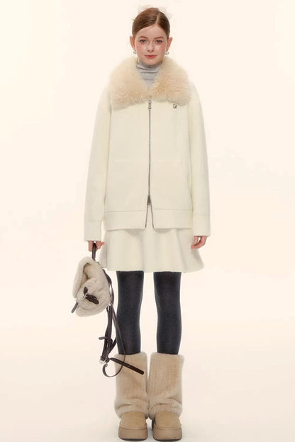 Wool Blend Lapel Fur Collar Coat Set-Up