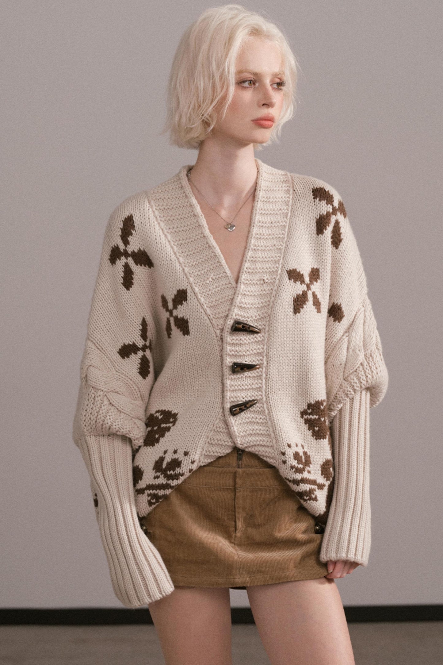 Jacquard Fur Collar Batwing Jacket