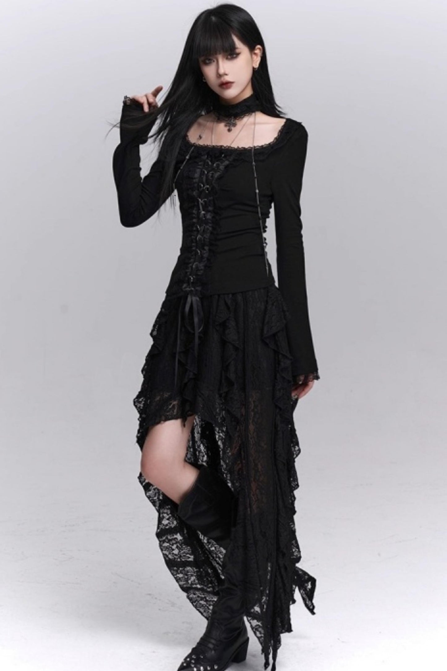 Gothic Black Slim Long Sleeve Top