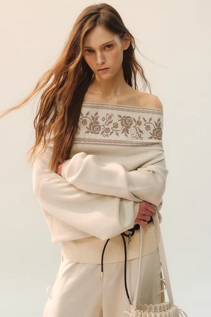 플로럴 오프숄더 니트 탑