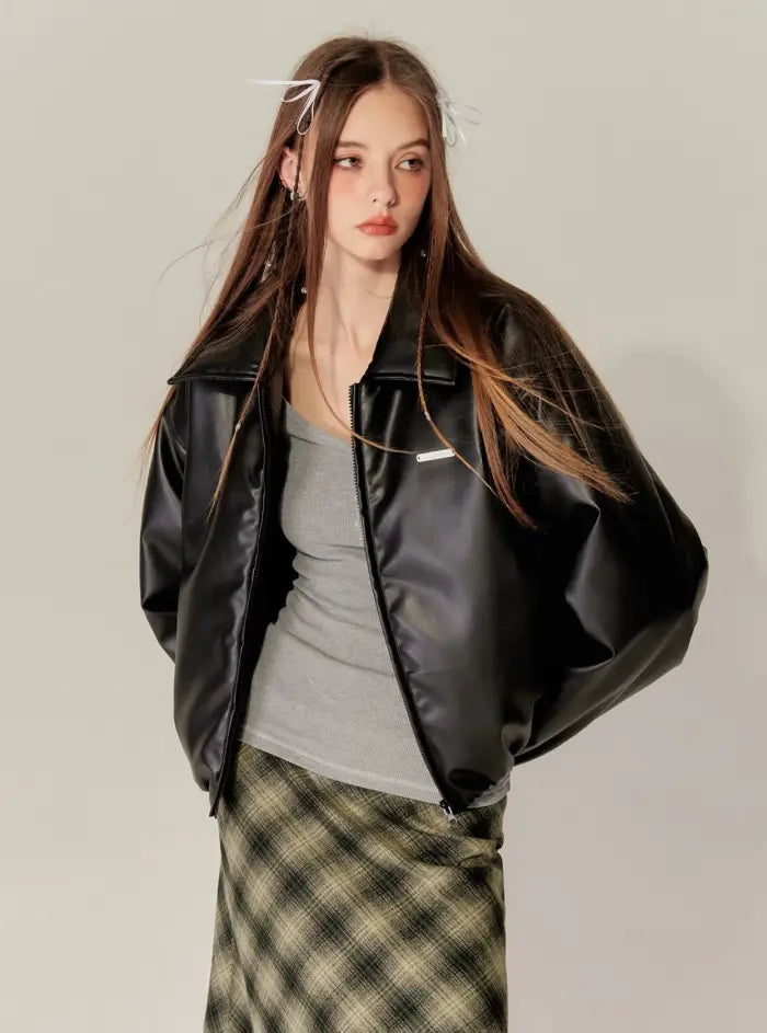 American Retro Lapel PU Lint Jacket