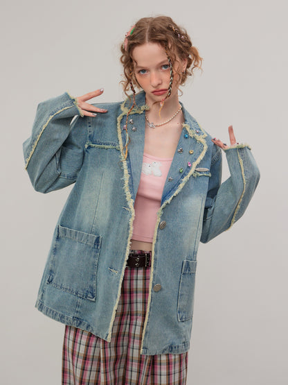 American vintage diamond denim blazer jacket