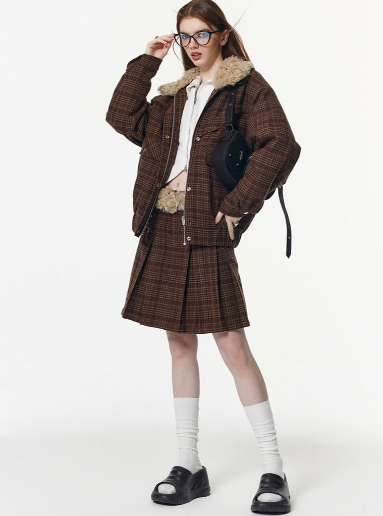 Thickened plaid short Coat With Skirt Set