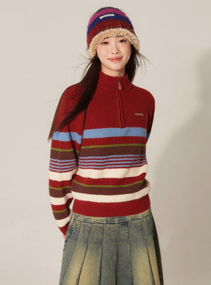 Retro Half-Zip High Neck Contrasting Striped Sweater