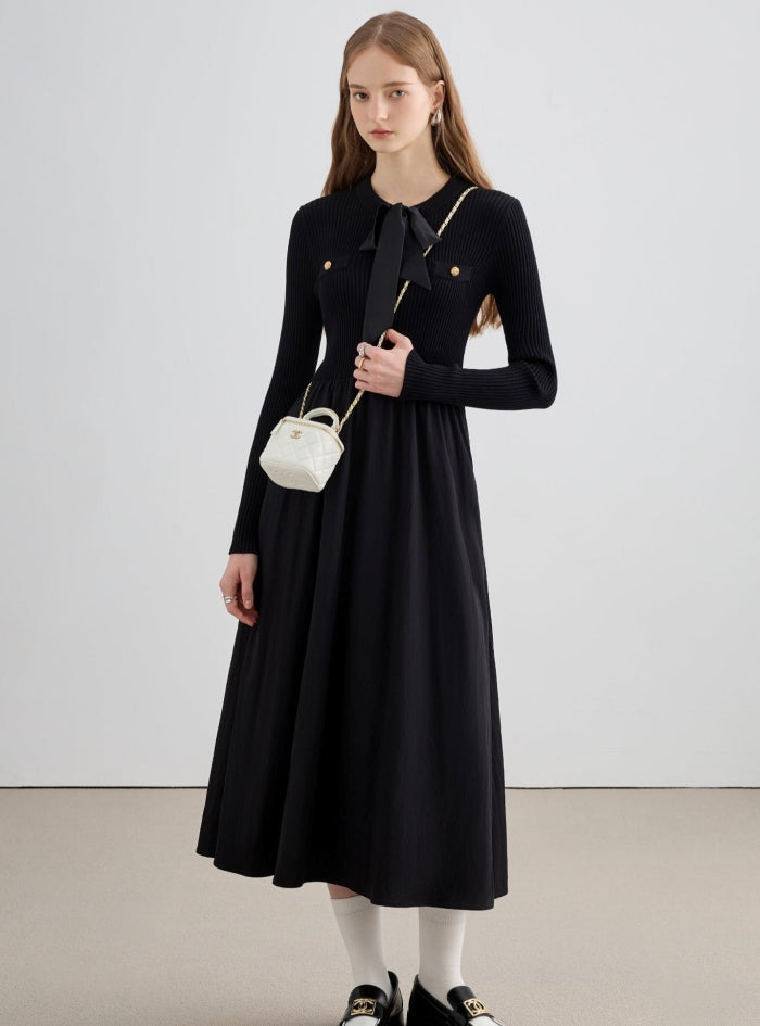 Slim Long-sleeved Knitted Splicing Dress