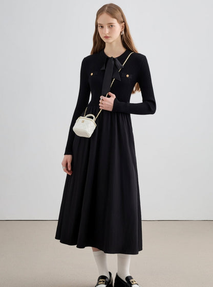 Slim Long-sleeved Knitted Splicing Dress