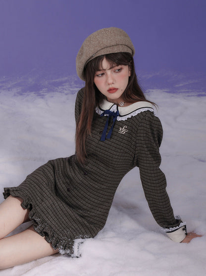 Checkered Doll Collar Long Sleeve Dress