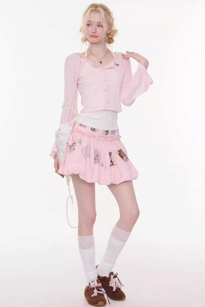 Bell-Sleeved Pink Knitted Cardigan