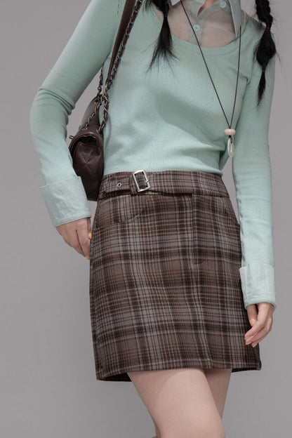 Brushed Plaid Brown Skirt