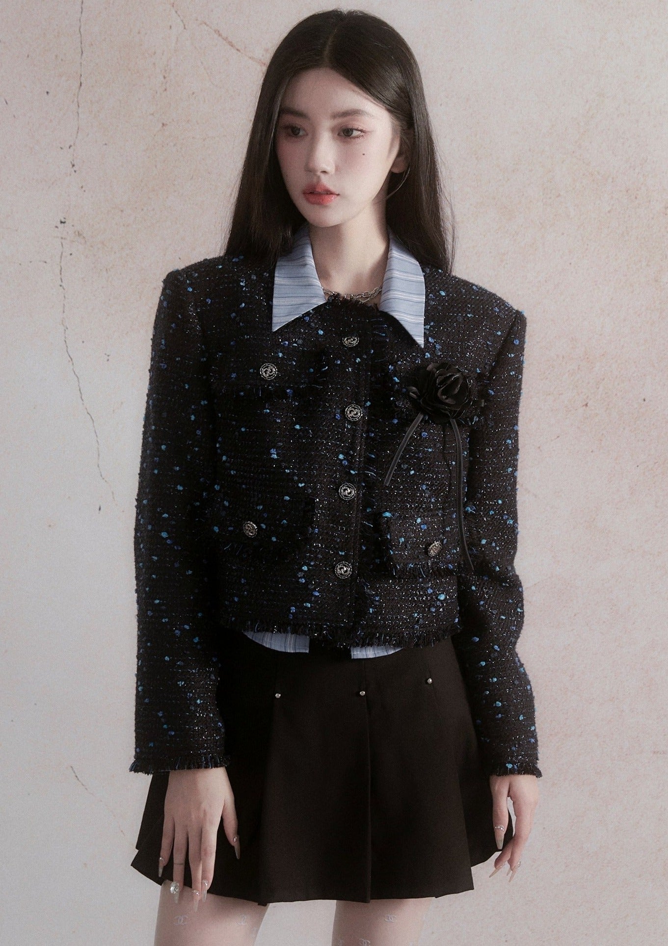 Woolen Small Gold Tweed Jacket With Blue Skirt Set