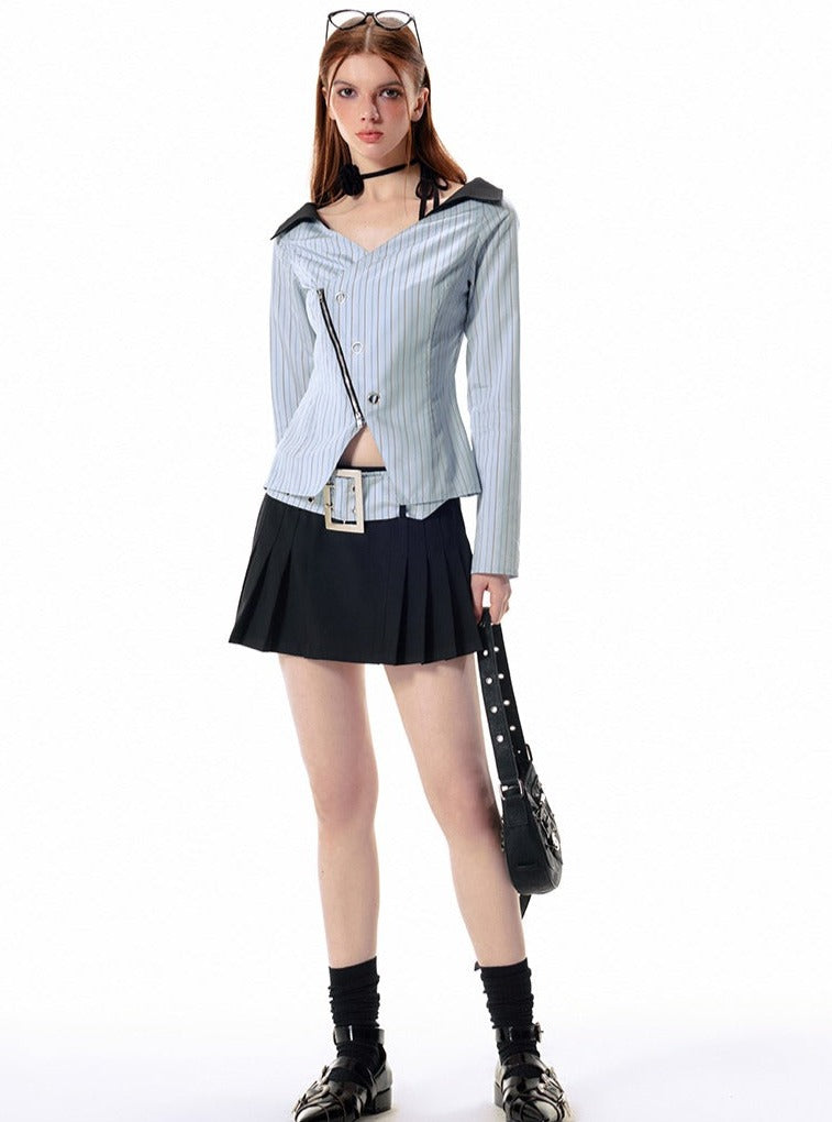 Zipper waist doll collar slit striped Shirt