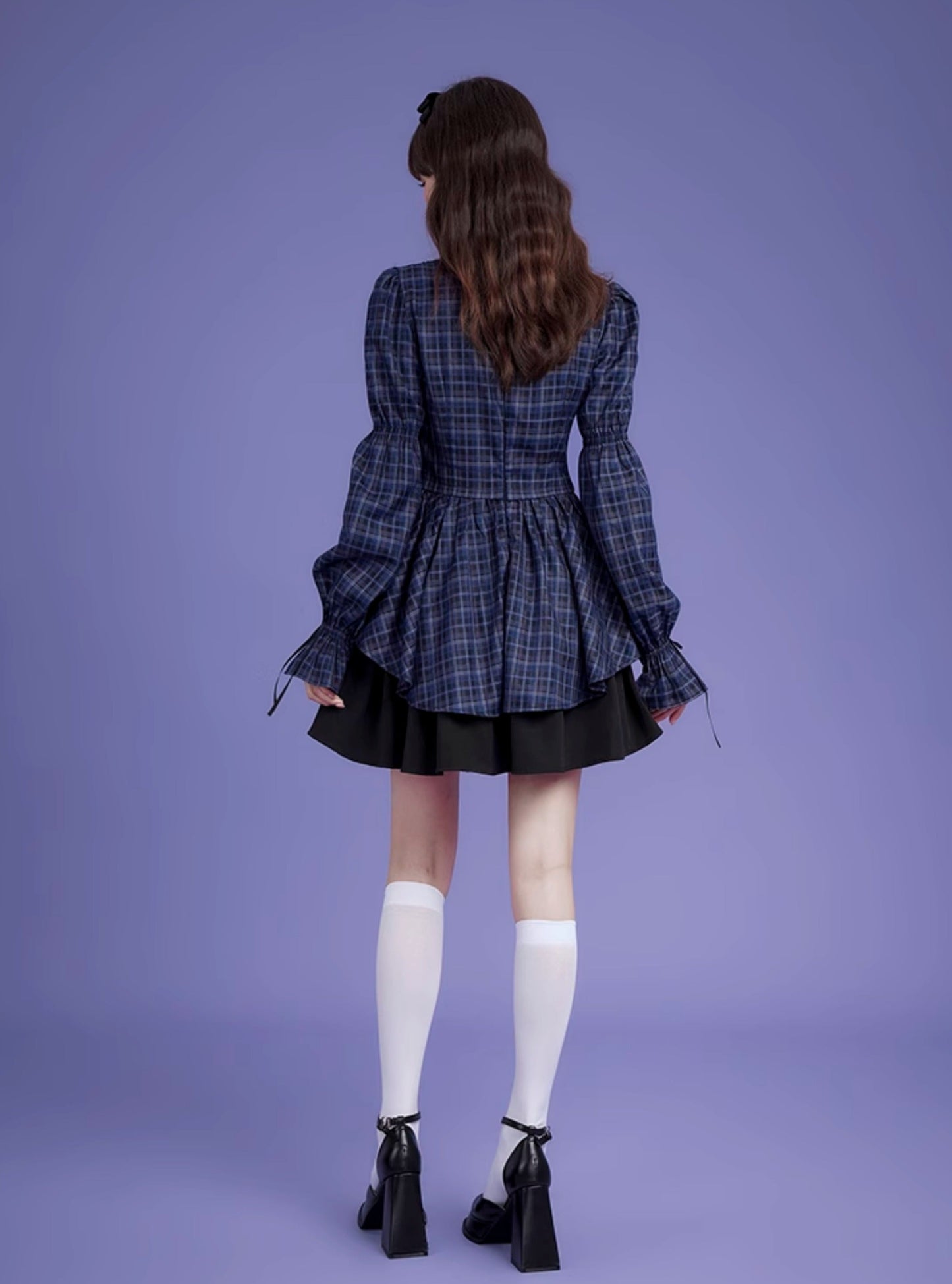 Dark Blue Grid Long Sleeve Slim Dress