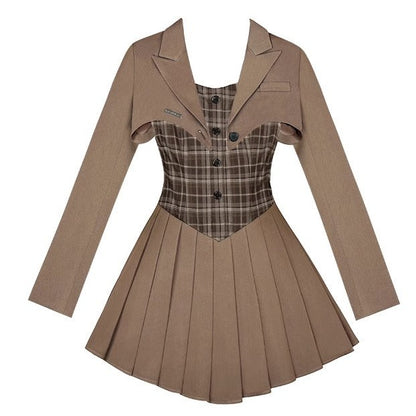 American college style brown grid suit dress set