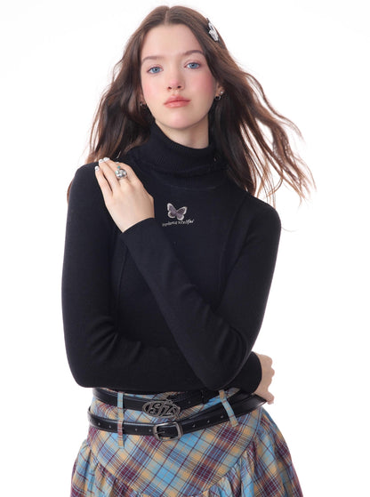 Butterfly embroidery slim thin knitted base shirt